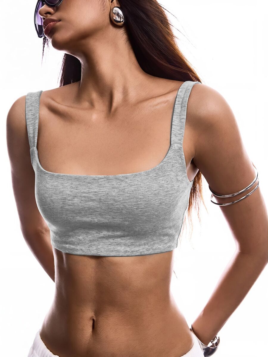 SHEIN EZwear 黑色緊身運動風純色短版細肩帶背心上衣 - 灰色 - 查看 1