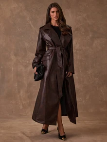 SHEIN BAE Women's Solid Color Lapel Neck Long Sleeve PU Leather Long Fashion Trench Coat - Brown - View 6