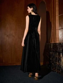 MOTF PREMIUM GAUN WANITA BELUDRU & RENDA PATCHWORK LEHER V DALAM, MUSIM GUGUR/DINGIN - Hitam - View 6