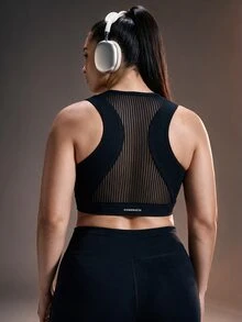 Powerista Women's Plus Size Spring&Summer Solid Color Zipper Front Halter Neck Sports Bra Gym Running Fitness Workout Going Out Autumn High-Support Adjustable - Black - View 4