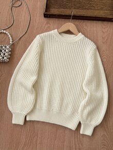SHEIN 青少年女孩純色圓領長袖休閒毛衣 - 杏色 - 查看 2