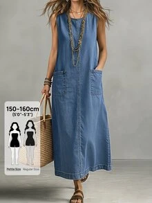 SHEIN PETITE Women's Round Neck Sleeveless Dual Pocket Casual Denim Dress - Blue - View 1