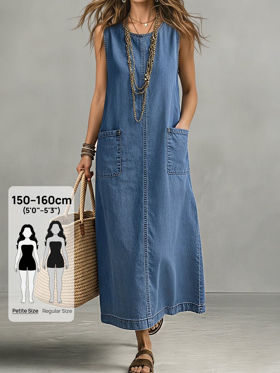 SHEIN PETITE Women's Round Neck Sleeveless Dual Pocket Casual Denim Dress - Blue - View 1