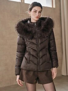 Anewsta Winter Brown Detachable Hood Fur Collar Padded Coat - Coffee Brown - View 5