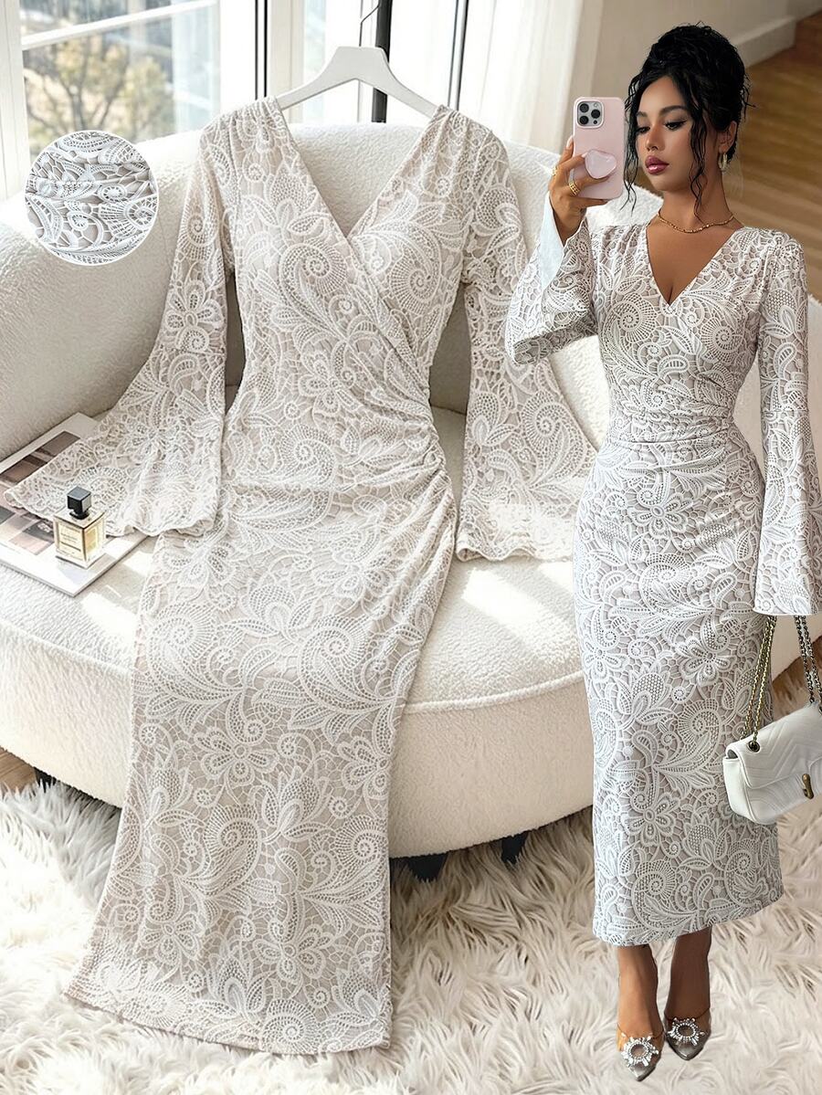 Selianne French V-Neck Wrap Digital Lace Print Dress For Women, Flared Long Sleeve Ruched Waist Bodycon Dress (Random Floral Pattern) - White - View 1