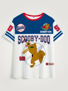 SCOOBY-DOO X SHEIN 大尺碼女款字母印花圓領短袖休閒T恤，DOO - 白色 - 查看 4