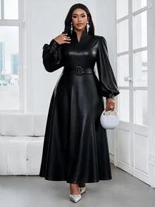 SHEIN Lady 大尺碼女款純色缺口V領燈籠袖優雅洋裝 - 黑色 - 查看 5