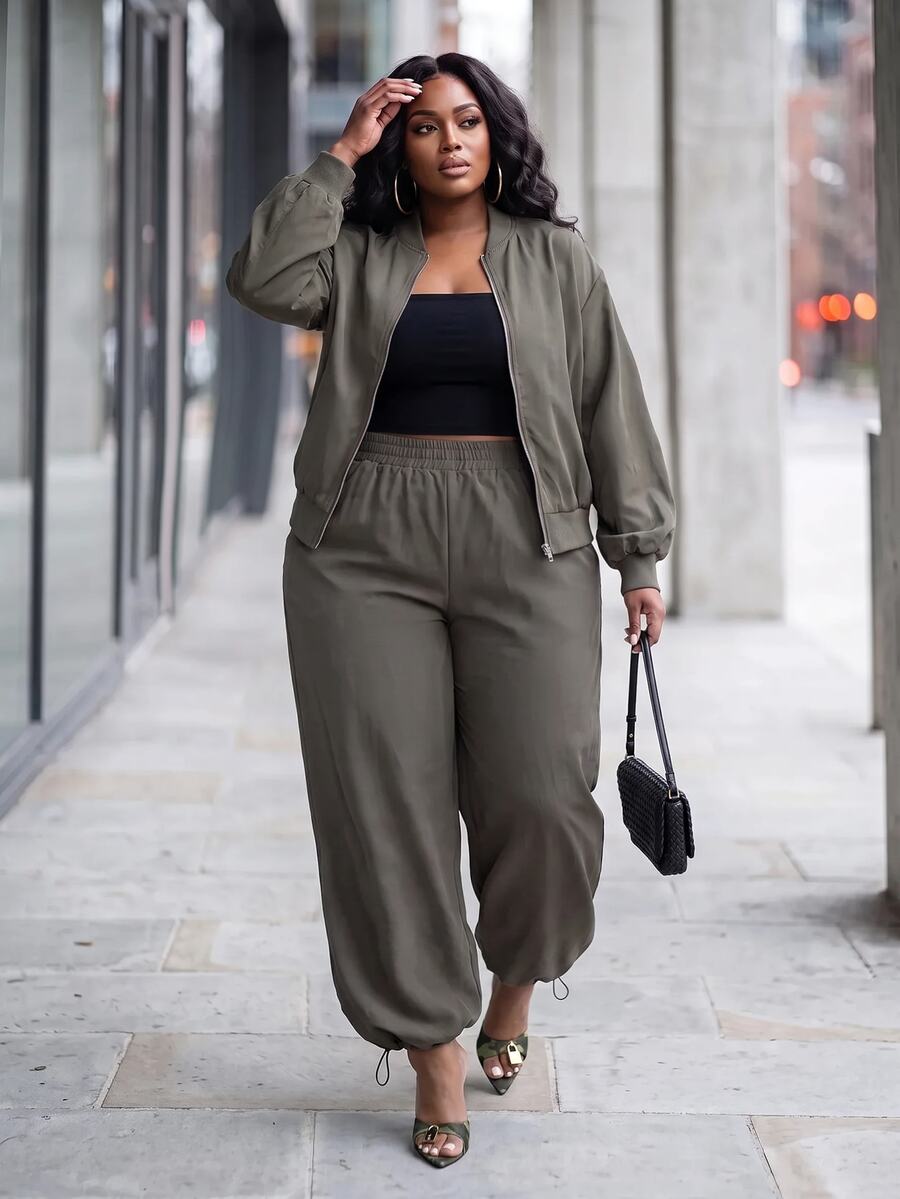 Slaydiva Plus Size 2 Pieces Tracksuit Set, Grey Plus Size Puff Sleeve Cropped Bomber Jacket & High Waist Wide Leg Cargo Pants Fall
