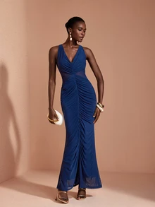 JIAN LASALA Mesh V Neckline Ruched Cutout Sleeveless Elegant Long Dress Vacation Party - Blue - View 1