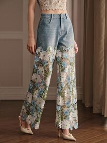 Anewsta Women's Elegant Floral Lace Patchwork Straight Leg Denim Jeans With Pockets - Blue - View 1