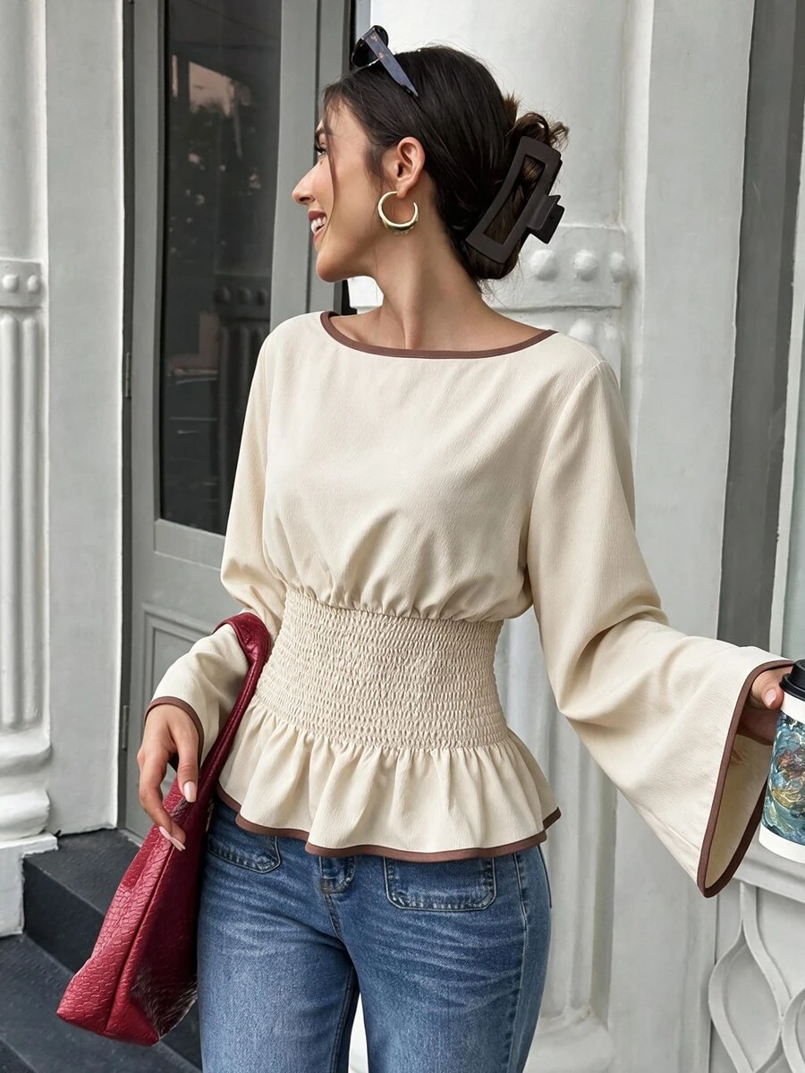 Flora Isola Flora Isola Casual Vacation Shirred Waist Flare Sleeve Apricot Women's Blouse - Apricot - View 1