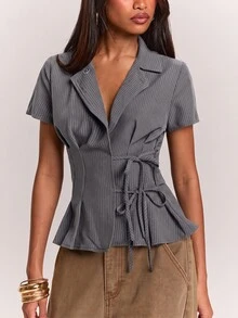 SHEIN BAE Women's Striped Button Design Side Waist Knot Short Sleeve Shirt - Dark Grey - View 7