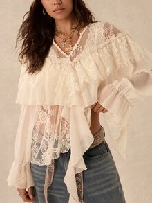 Easelle Vintage Bohemian V-Neck Lace Patchwork Romantic Women's Blouse - Beige - View 4