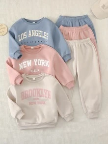 Cozy Pixies 女童 Young Girl 圖案軟綿圓領長袖套頭運動衫＋鬆緊腰長褲 6件套，百搭舒適，適合秋冬 - 霧霾藍 - 查看 3