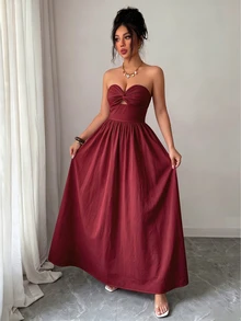 Selianne Summer New Bohemian Style Long Strapless Dress, Sexy Back Cutout, Floral Print, Bandeau Dress, Elegant Summer Dress, Women's Long Summer Dress, Beach Dress, Suitable For Holiday, Picnic, Beach Activities - Burgundy - View 4
