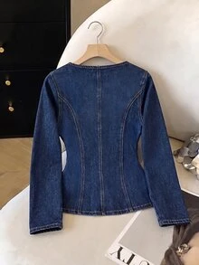 GlowEve Women's Square Neck Long Sleeve Single-Breasted Casual Denim Jacket - Blue - View 3