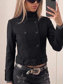 SHEIN ICON Mantel Panjang Wanita Warna Polos dengan Kerah Tegak dan Kancing Ganda - Hitam - View 5