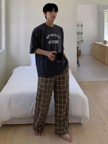 DAZY 男士棕色格紋刷毛布料鬆緊腰長褲 春/秋居家休閒下著 - 棕色 - 查看 5