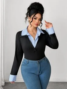 Elenzga Plus Size Women's Sexy High-End Contrast Color 2 In 1 POLO Collar Top, Spring Slim Fit Flattering Inner Layer Base Shirt, - Multicolor - View 5