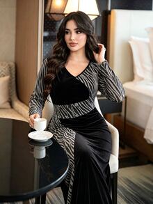 Modelyn Gold & Silver Metallic Zebra Print Patchwork Velvet Fitted Bodycon Long Sleeve Elegant Plus Size Women's Dress, Suitable For Date & Party Occasions - Multicolor - View 5