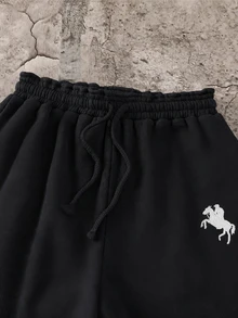 SHEIN 兒童青少年男孩休閒百搭極簡運動風小馬圖案黑色布料長褲針織運動褲直筒褲，適合日常穿著、上學、旅行、運動，春夏秋冬四季皆宜 - 黑色 - 查看 3