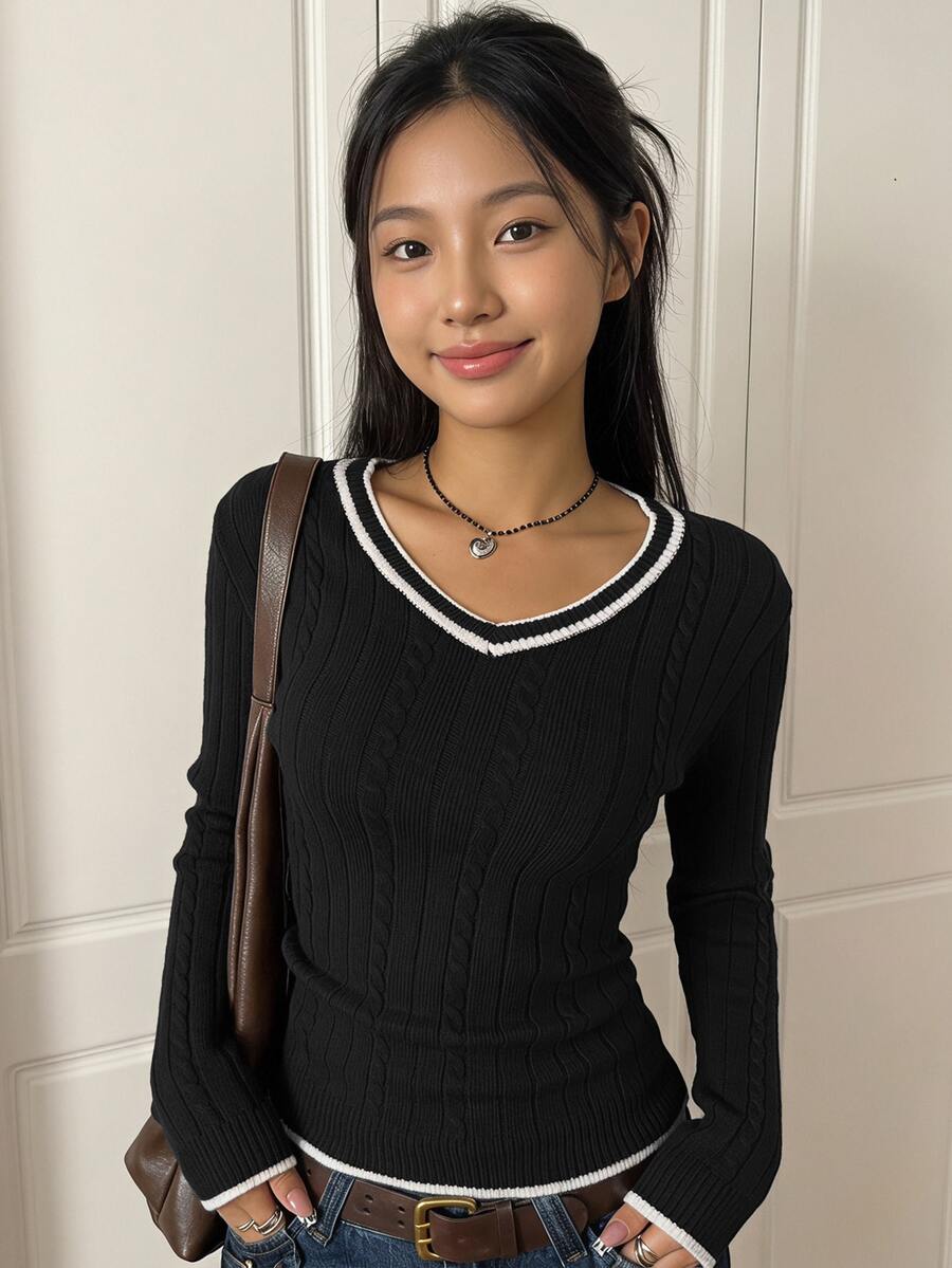 SHEIN 青少年女孩極簡純色V領長袖套頭毛衣,休閒日常穿著,秋冬長袖上衣,學院風V領長袖毛衣,復古V領毛衣,返校穿搭 - 黑色 - 查看 1