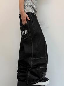 STEELVANCE Celana Jeans Denim Kasual Gaya Retro Streetwear Serbaguna dengan Desain Lusuh, Banyak Saku, Patchwork Bintang, dan Bordir Huruf (Sabuk dan Aksesoris Tidak Termasuk) - Hitam - View 4