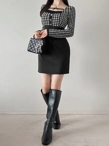 FRIFUL Women's Patchwork Houndstooth Print Long Sleeve Fitted Short Dress Dinner Date Black Autumn Elegant Plaid - Black - View 4