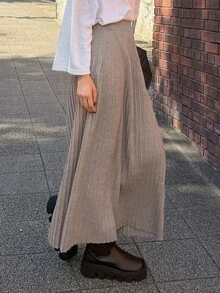 FRIFUL Rok Rajut Polos Kasual Wanita, Musim Gugur/Dingin - Khaki - View 5