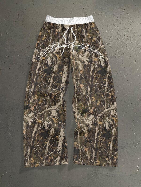 StoneGrade Jungle Branch Camo Curved Handwritten Font Casual Print Men's Standard Size Double Waistband Long Sweatpants