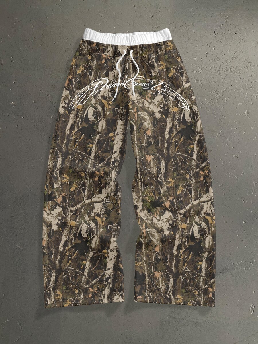 StoneGrade Jungle Branch Camo Curved Handwritten Font Casual Print Men's Standard Size Double Waistband Long Sweatpants - Olive Green - View 1