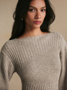 Poéselle Women's Elegant Khaki Ribbed Jacquard Asymmetrical Hem Warm Sweater, Fall Winter Knit Top For Work, Dating, Vacation, Party & Holiday Outfits - Khaki - View 6