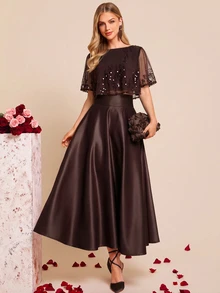 Amorya Women's Mesh Patchwork Top And Solid Color Skirt Fashion 2 Pieces Set - Brown - View 1