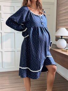 DAZY Ditsy Floral Loose Long Sleeve Square Neck Lace Trim Casual Vacation Home Daily Spring Autumn Maternity Dress - Blue - View 5