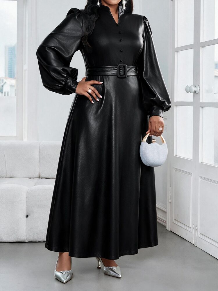 SHEIN Lady Plus Size Women Solid Color Notched V-Neck Lantern Sleeve Elegant Dress - Black - View 3