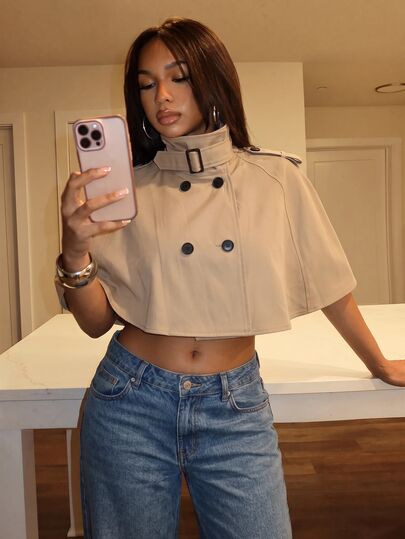 Slaydiva Khaki Cropped Cape Trench Coat | Vintage Short Poncho Jacket-Z