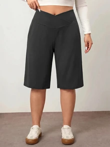 Enliva Plus Size Women's Black Casual Loose 3/4 Pants, Tummy Control V-Waist With Pockets, Suitable For Summer Daily Versatile Wear - Dark Grey - View 8