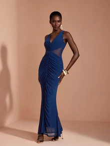 JIAN LASALA Mesh V Neckline Ruched Cutout Sleeveless Elegant Long Dress Vacation Party - Blue - View 7