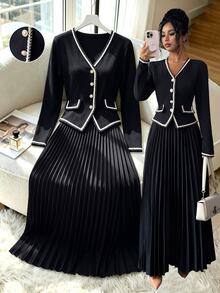 Elenzga Women's Contrast Color Trim V-Neck Long Sleeve Jacket And Long Pleated Skirt Elegant Set - Black - View 8