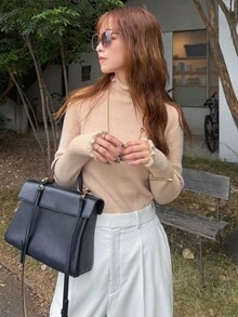 FRIFUL Women's Casual Solid Color Stand Collar Sweater, Autumn/Winter - Apricot - View 6
