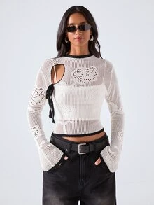 LYSMO Women's Autumn Fashion Contrast Trim Hollow Knit Sweater - Black and White - View 5