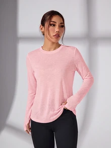 SHEIN Sovereign Charm 女款純色後背交叉設計長袖運動T恤 - 粉色 - 查看 2