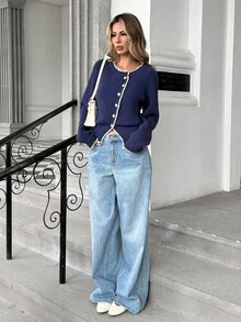 SHEIN PariChic Women's Round Neck Knit Cardigan, Blue & White Color-Block, Asymmetric Front & Metal Buttons, Contrasting Trim For Office & Daily Wear, Fall/Winter - Royal Blue - View 8