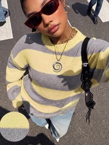 SHEIN EZwear 女款休閒拼色長袖套頭毛衣 - 彩色 - 查看 1