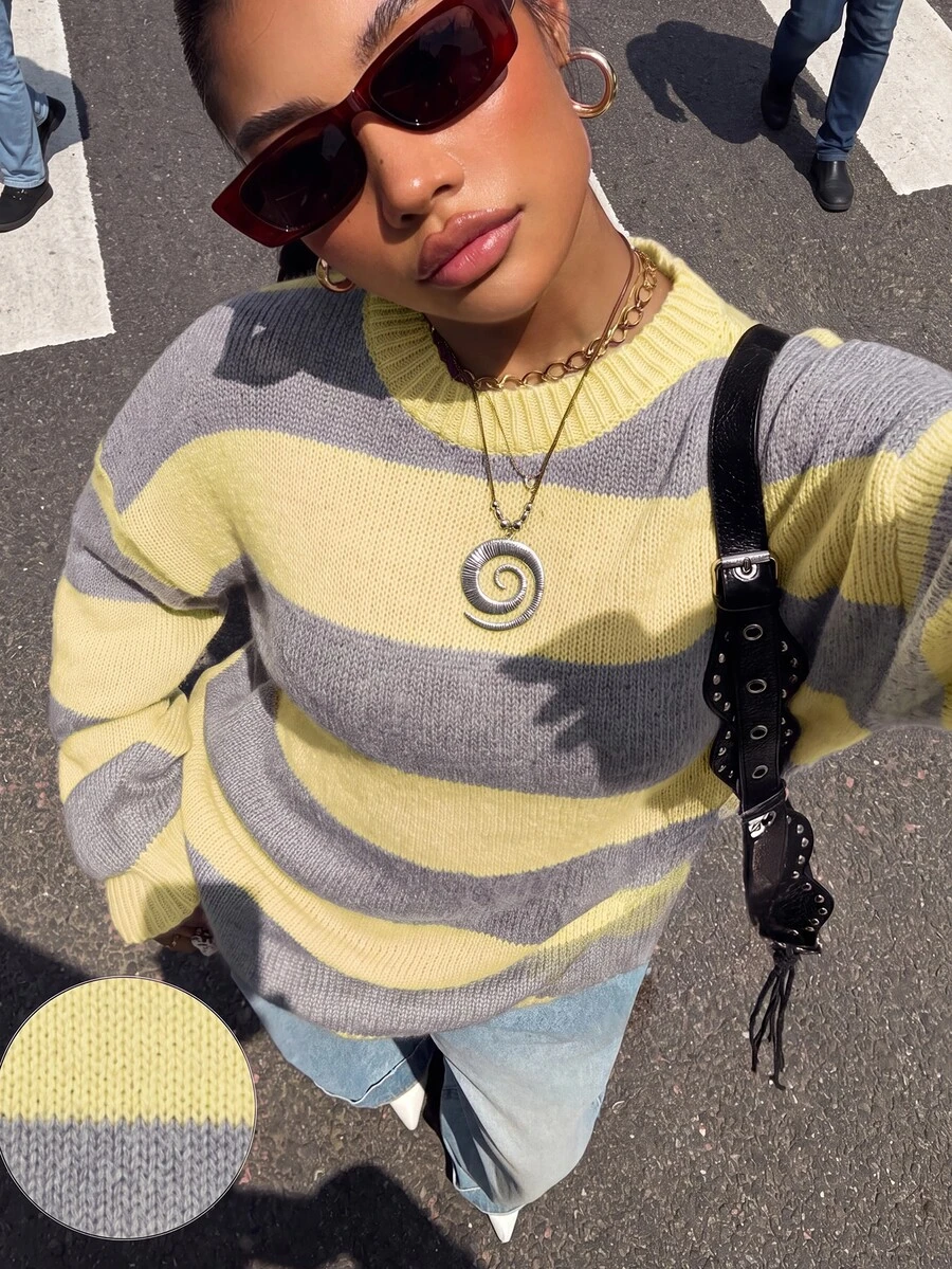 SHEIN EZwear 女款休閒拼色長袖套頭毛衣 - 彩色 - 查看 1