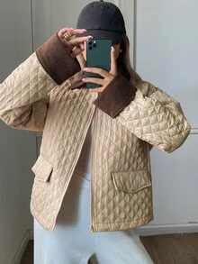DAZY Damen Farbblock Revers Langarm Reißverschluss Vorne Winterjacke - Braun - Übersicht 3