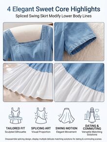 GlowEve 女款方領短袖撞色優雅牛仔洋裝 - 彩色 - 查看 9