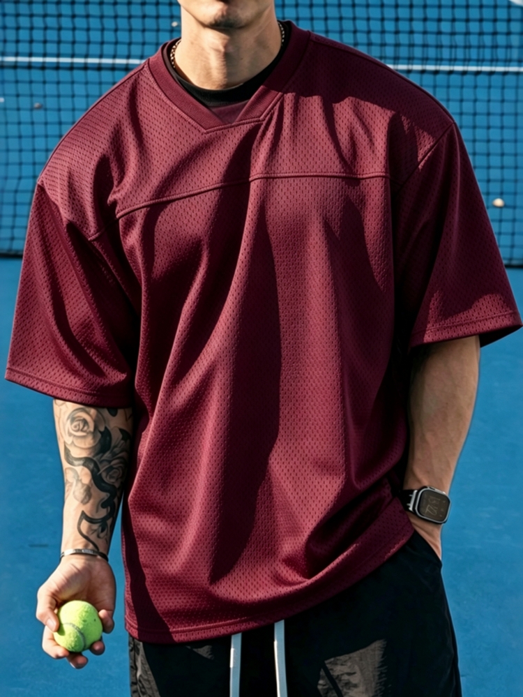 Gritte Field Men's Solid Color Short Sleeve Breathable Sports T-Shirt - Burgundy - View 1