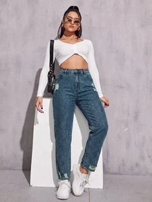 SHEIN ICON Plus Size Women's Casual Vacation Street Style Distressed Non-Stretch Light Gray Jeans - Dusty Blue - View 5