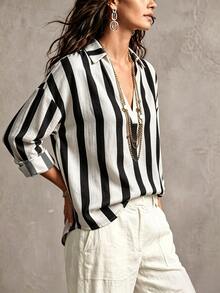 LUMIGAL Women's Early Autumn Old Money Style Striped Pattern V-Neck Design Blouse, Suitable For Commuting, Casual Daily Wear, Versatile Fashionable Shirt - Black - View 6